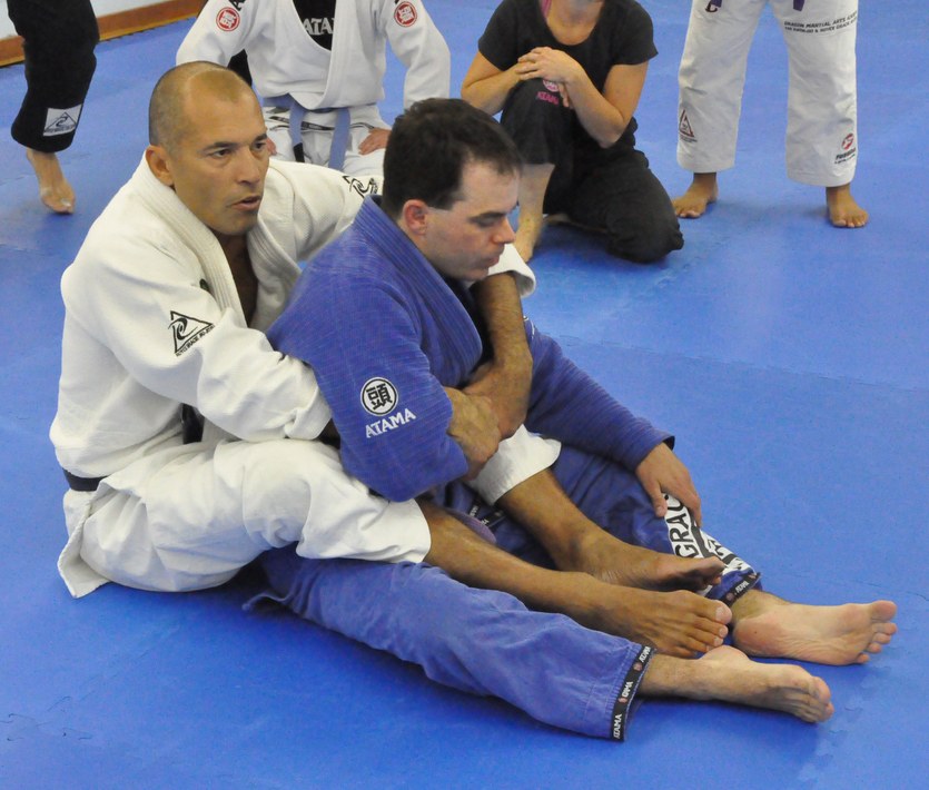 Royce Gracie demonstrating back control with hooks in Brazilian jiu jitsu